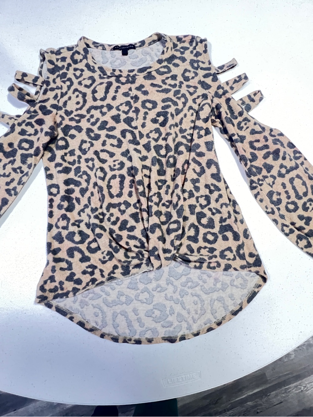Leopard Print Cold-Shoulder Knit Top - Beige & Black